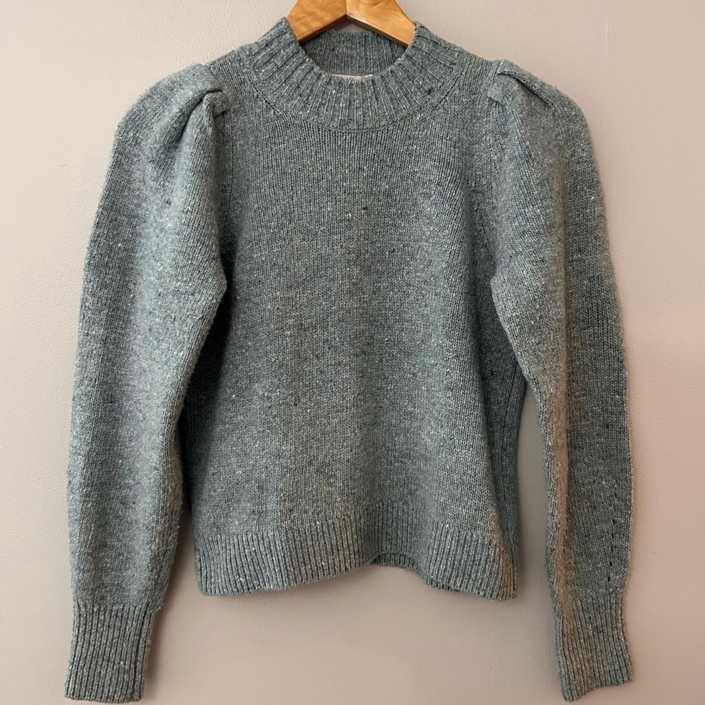Faherty Sweater Women Small Blue Boone Puffed Sleeve Mock Neck Wool Blend Knit